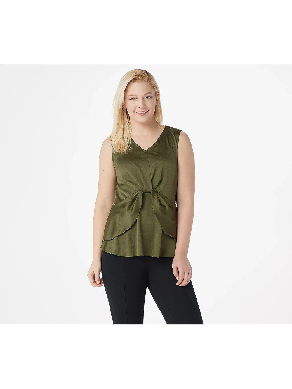 Du Jour V-Neck Woven Top with Layered Hemline